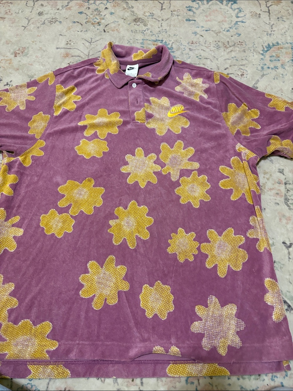 Nike Polo. Terry cloth. Size Large. Purple and yellow. Retro flowers.